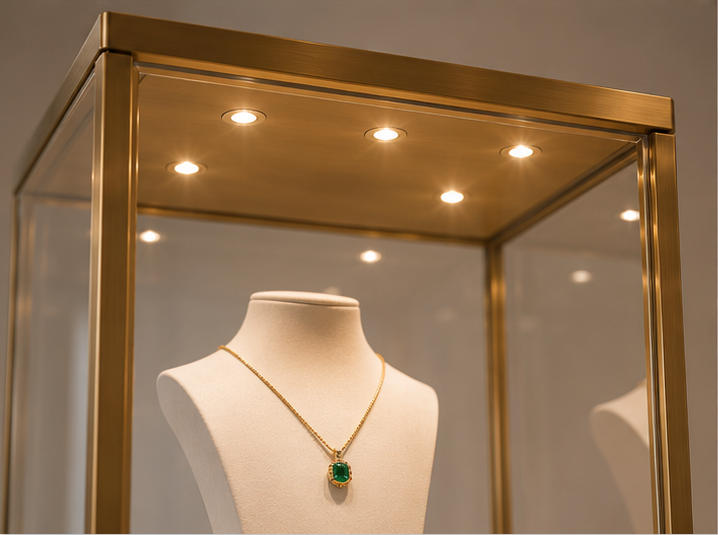 Triple Gold Tower Jewelry Display Console | 3 Showcase Set 9 LED lighting effect in gold tower showcases